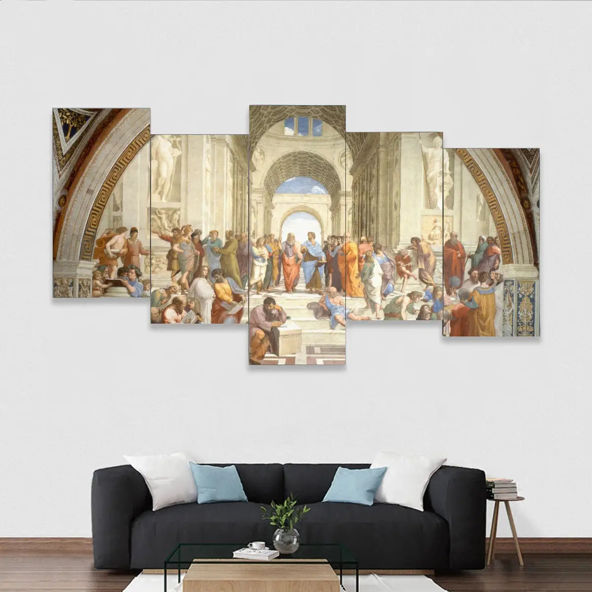 School of Athens Five-Piece Canvas Mural by Raphael, Renaissance reproduction showing philosophers in architectural setting