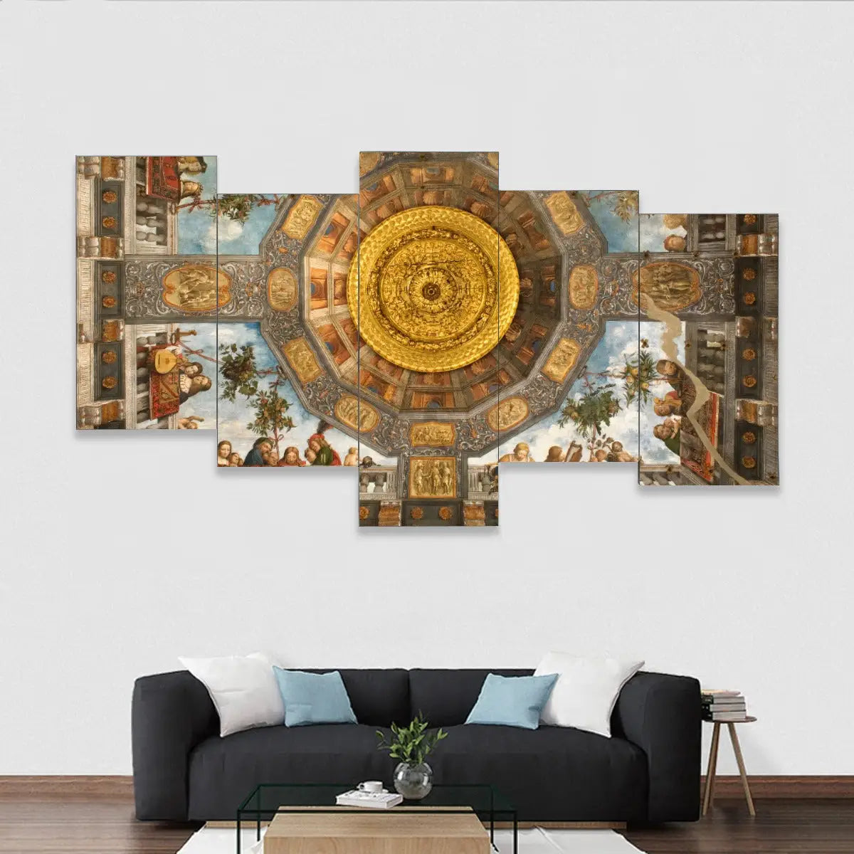 Treasure Room Fresco five-piece canvas mural displaying Renaissance masterpiece in rich colors mounted on wall