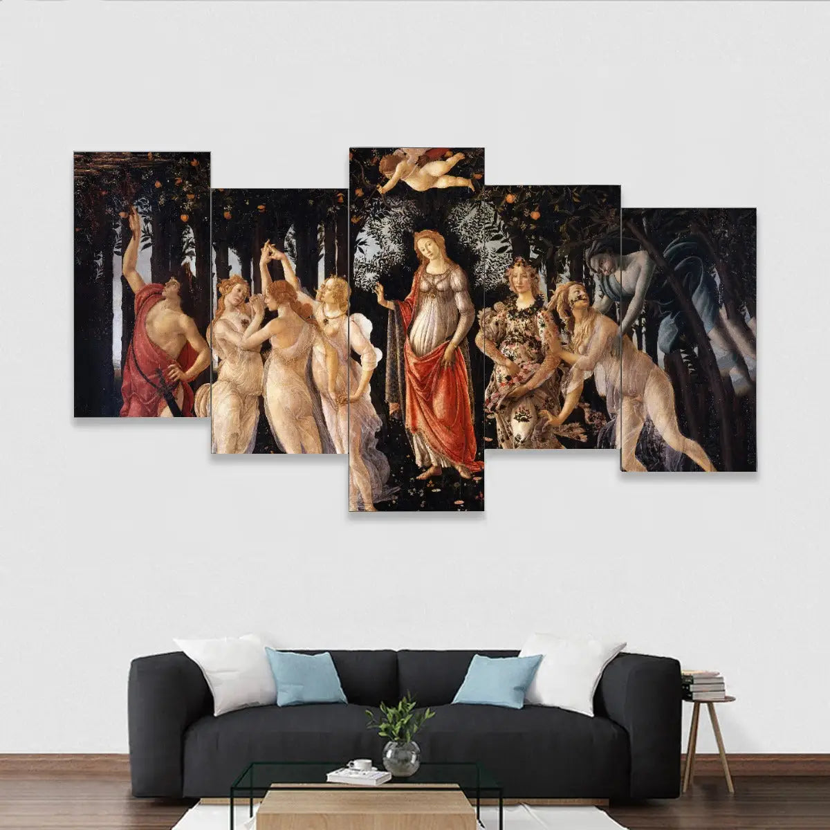 La Primavera 5-piece canvas mural by Botticelli featuring Venus and Three Graces on premium cotton canvas