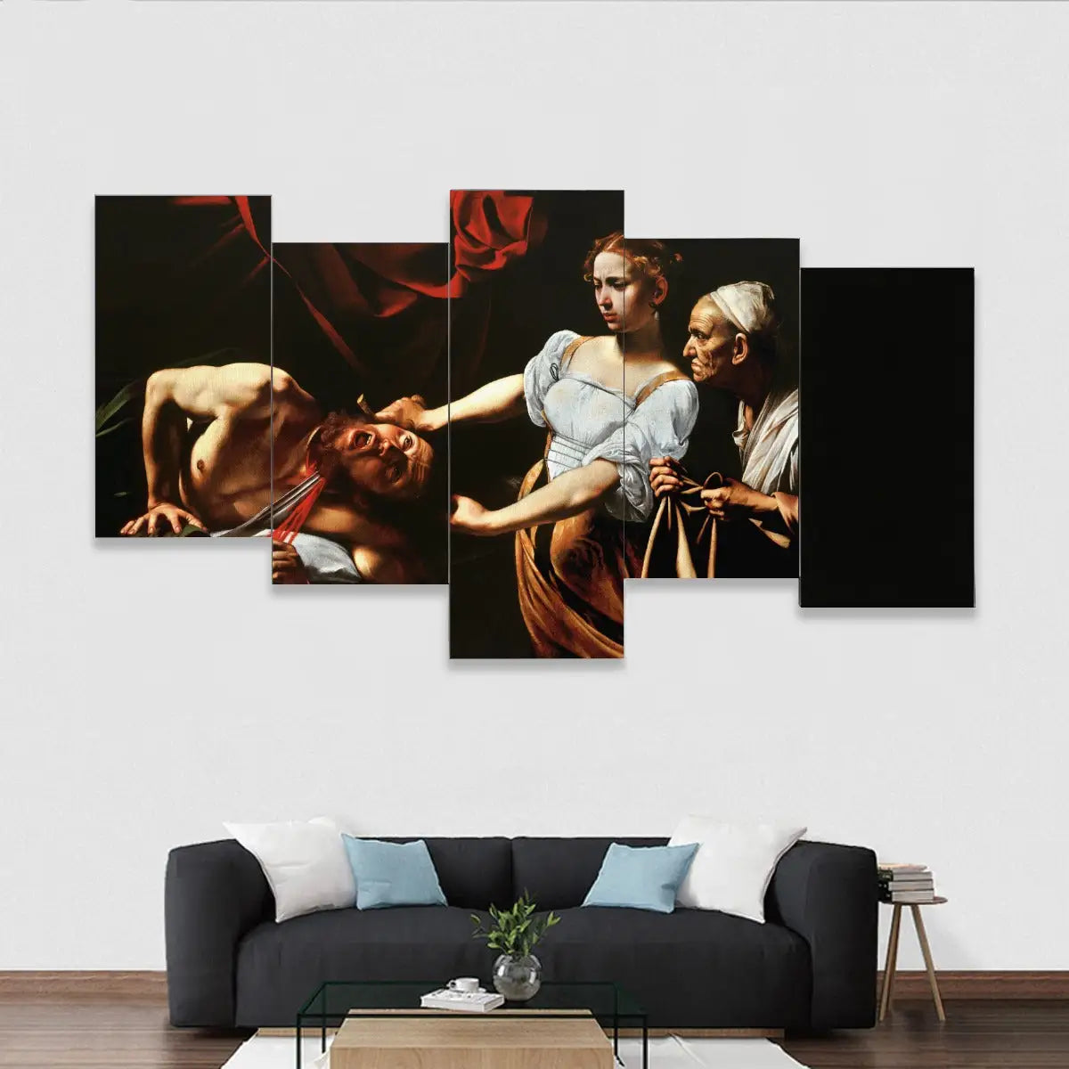 Judith Beheading Holofernes five-piece canvas set displayed in elegant living room, showing dramatic baroque artwork