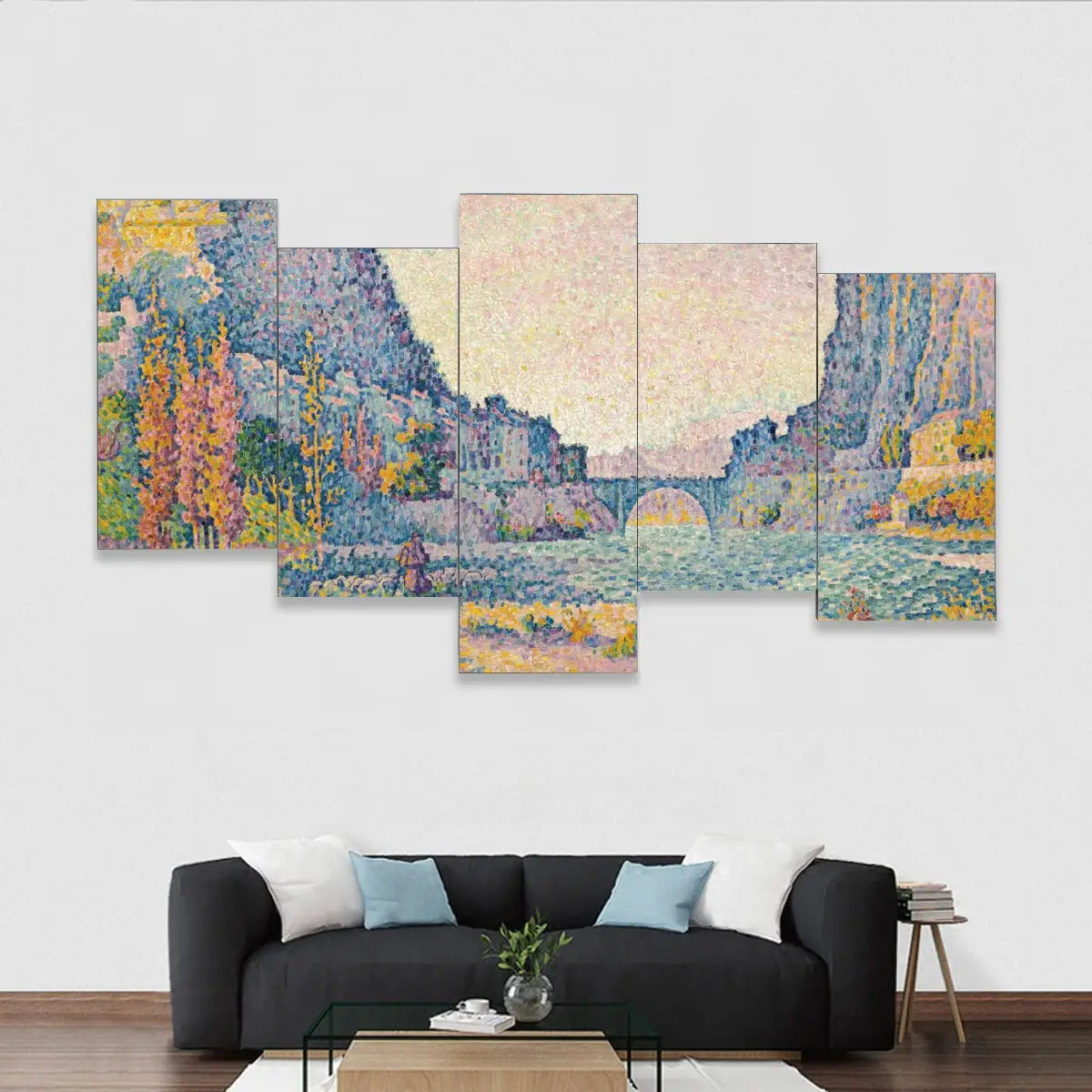 Sisteron Five-Piece Canvas Mural displaying Paul Signac's French landscape painting with citadelle and river