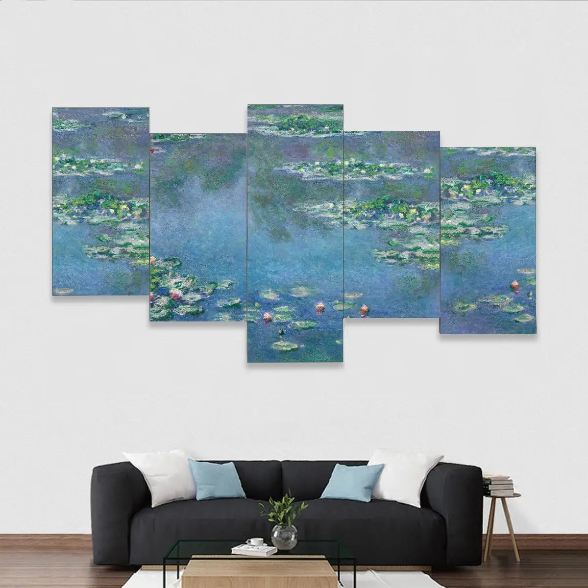 Claude Monet Water Lilies center canvas print showing pink lilies floating on blue water with sky reflections