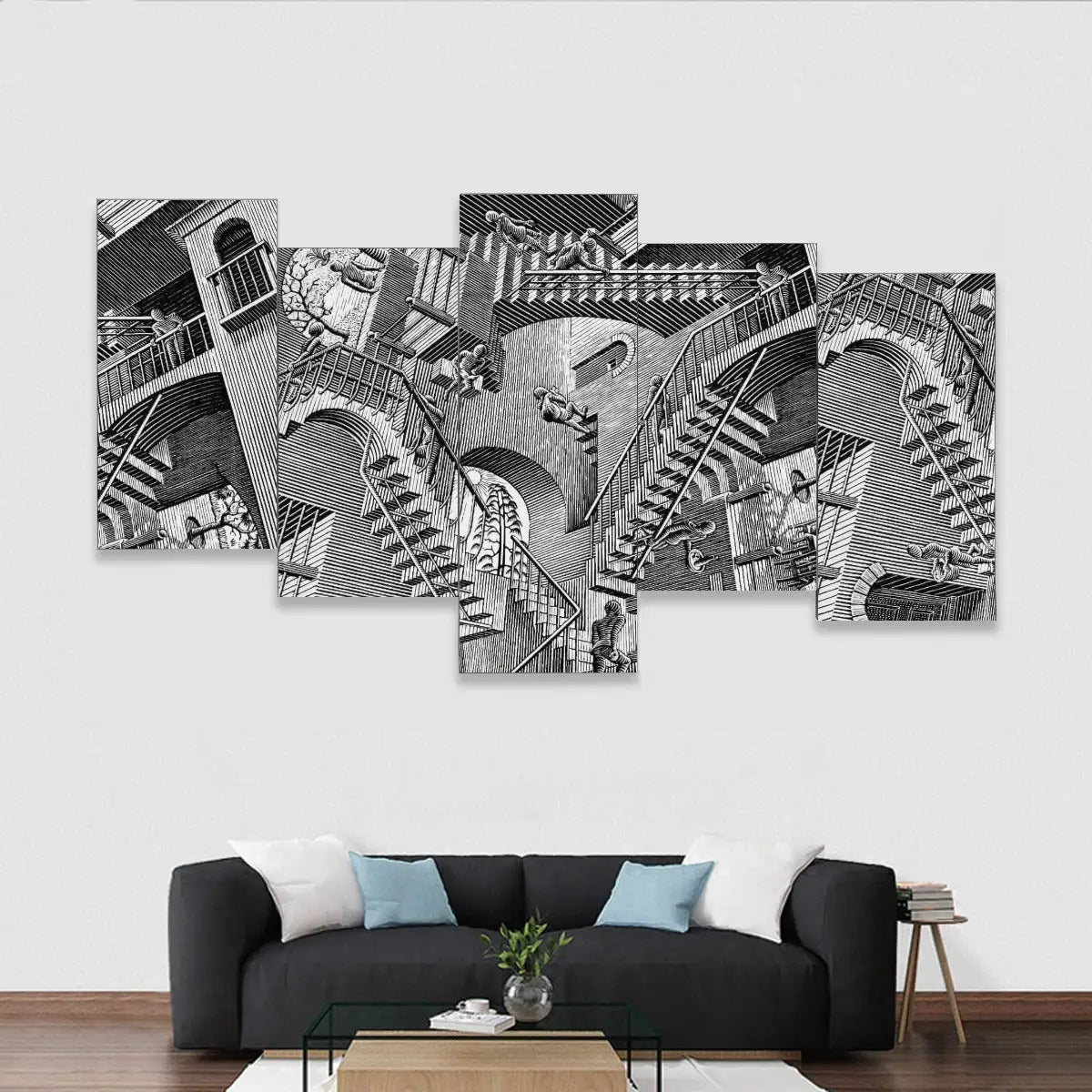 M.C. Escher Relativity Five-Piece Canvas Mural displayed in modern living room