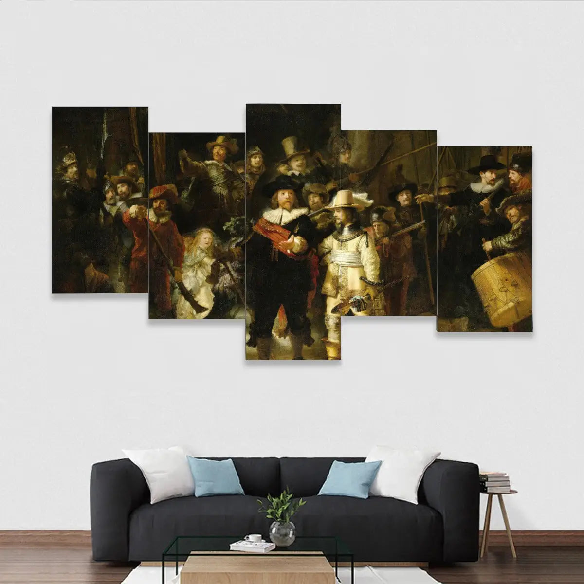 The Night Watch Five-Piece Canvas Mural displaying Rembrandt's masterpiece