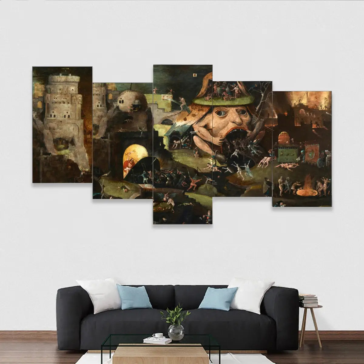 The Harrowing of Hell five-piece canvas mural by Hieronymus Bosch mounted on wall