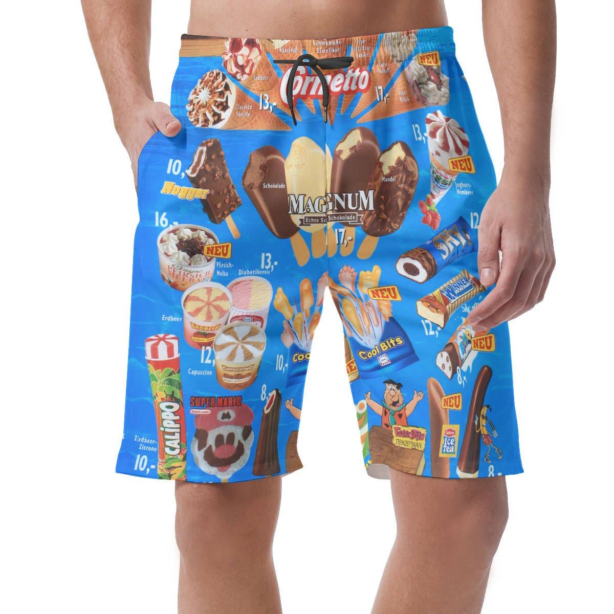 Detailed view of the fabric and print of Hawaiian shorts