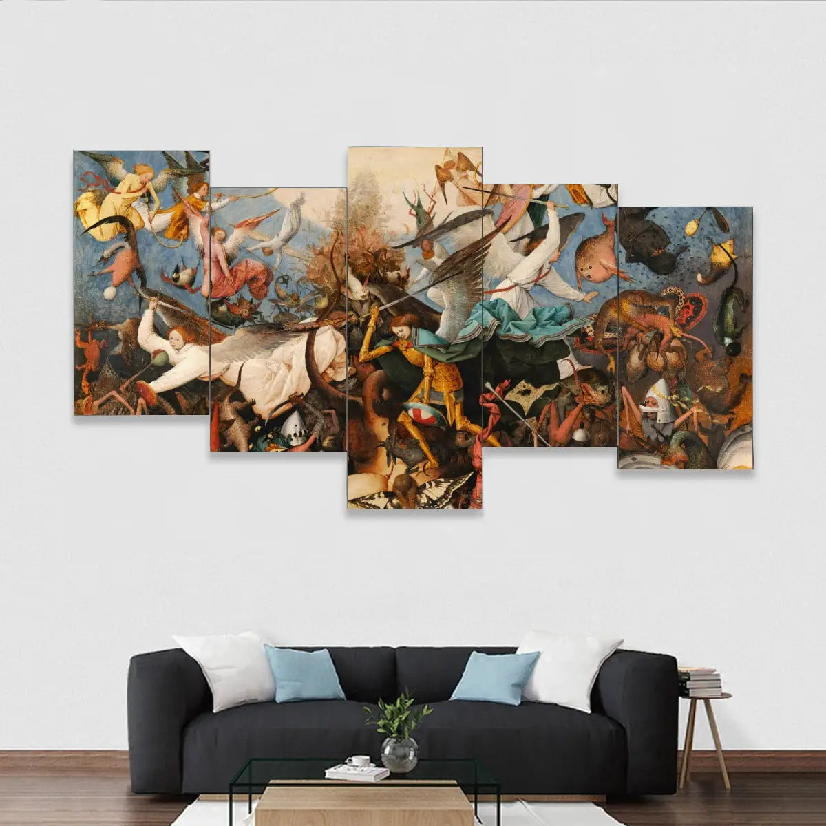 The Fall of Rebel Angels 5-piece canvas set by Bruegel displaying celestial battle scene