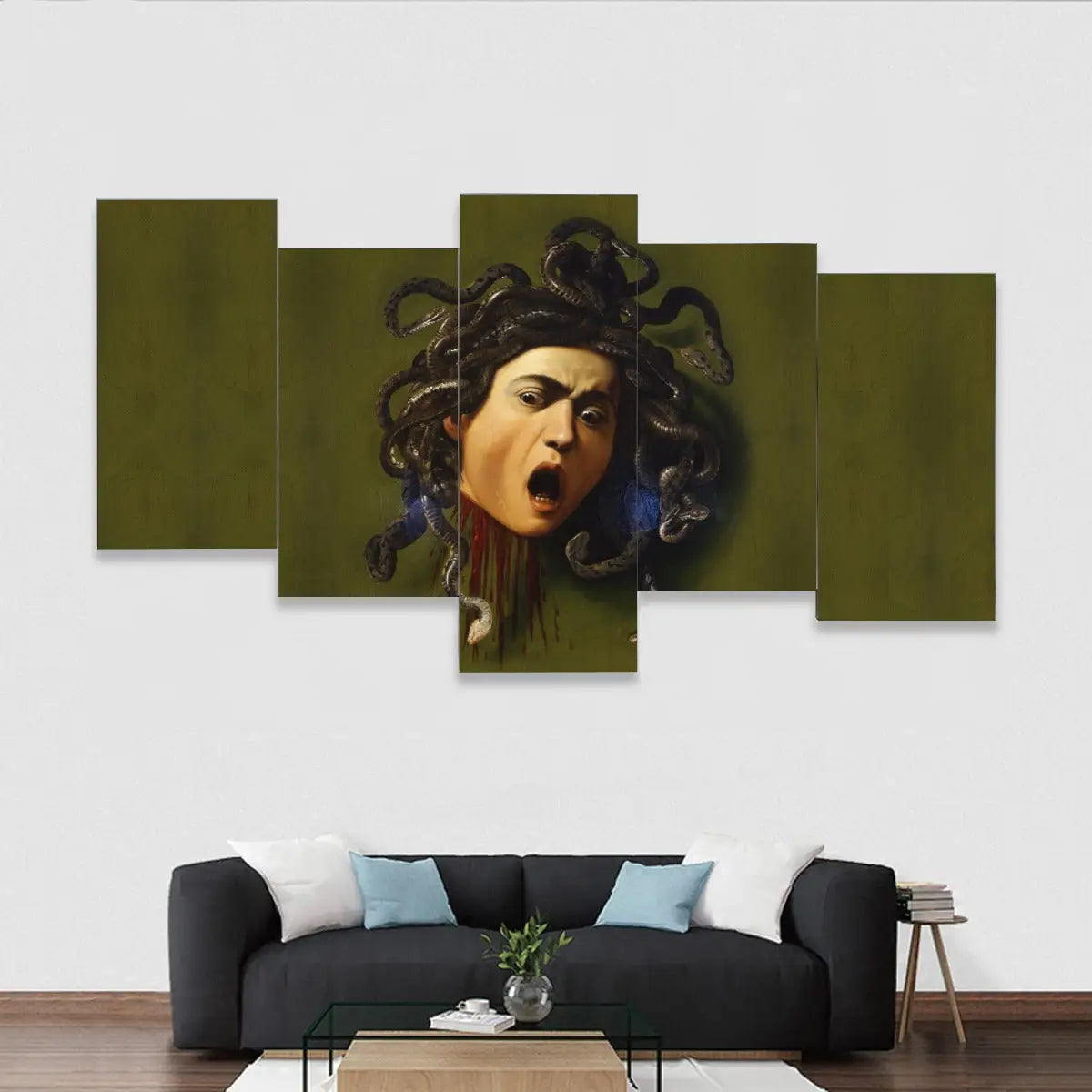 Caravaggio Medusa 5-piece canvas wall art set displayed in living room