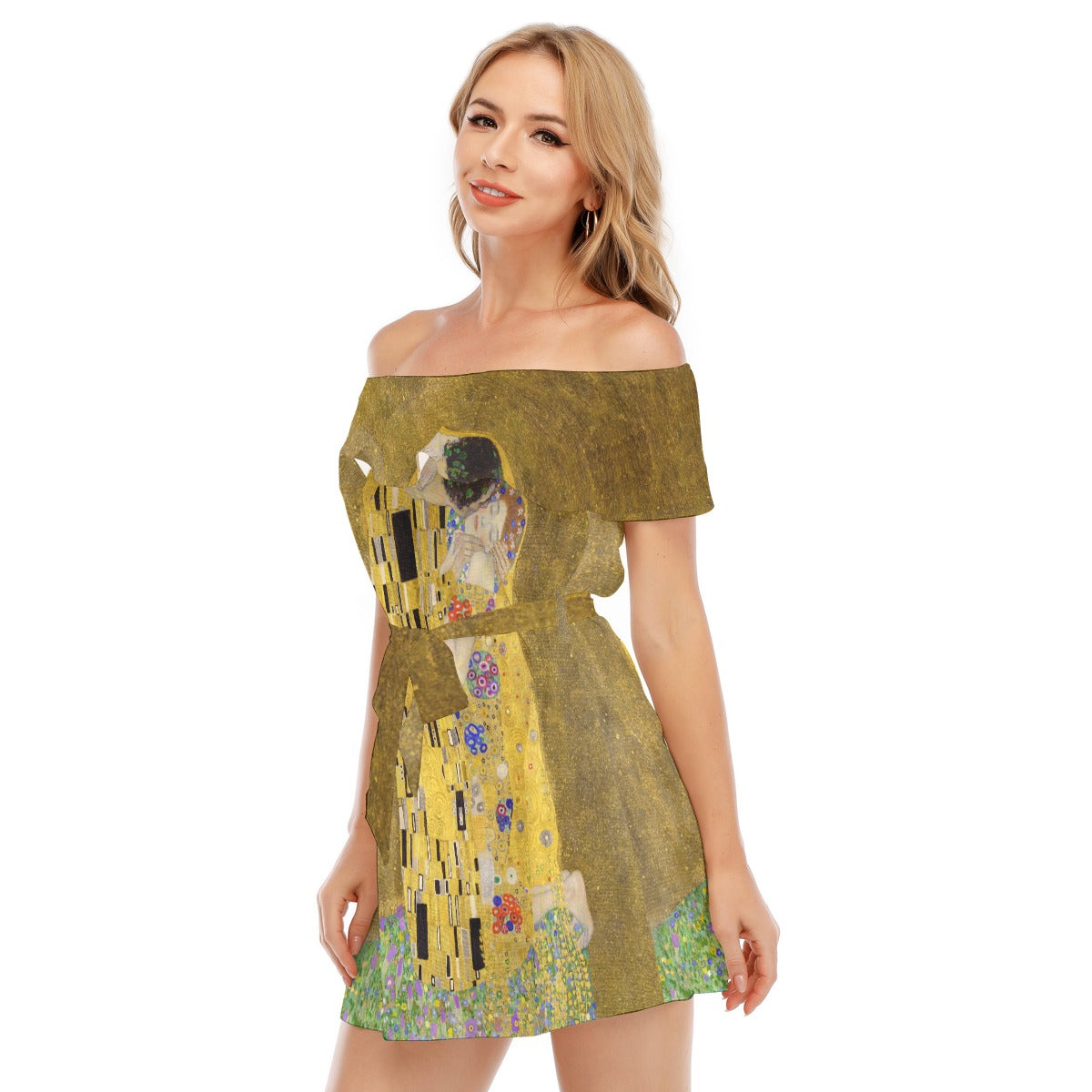 Enchanting Embrace Off-shoulder Dress featuring Gustav Klimt's "The Kiss"