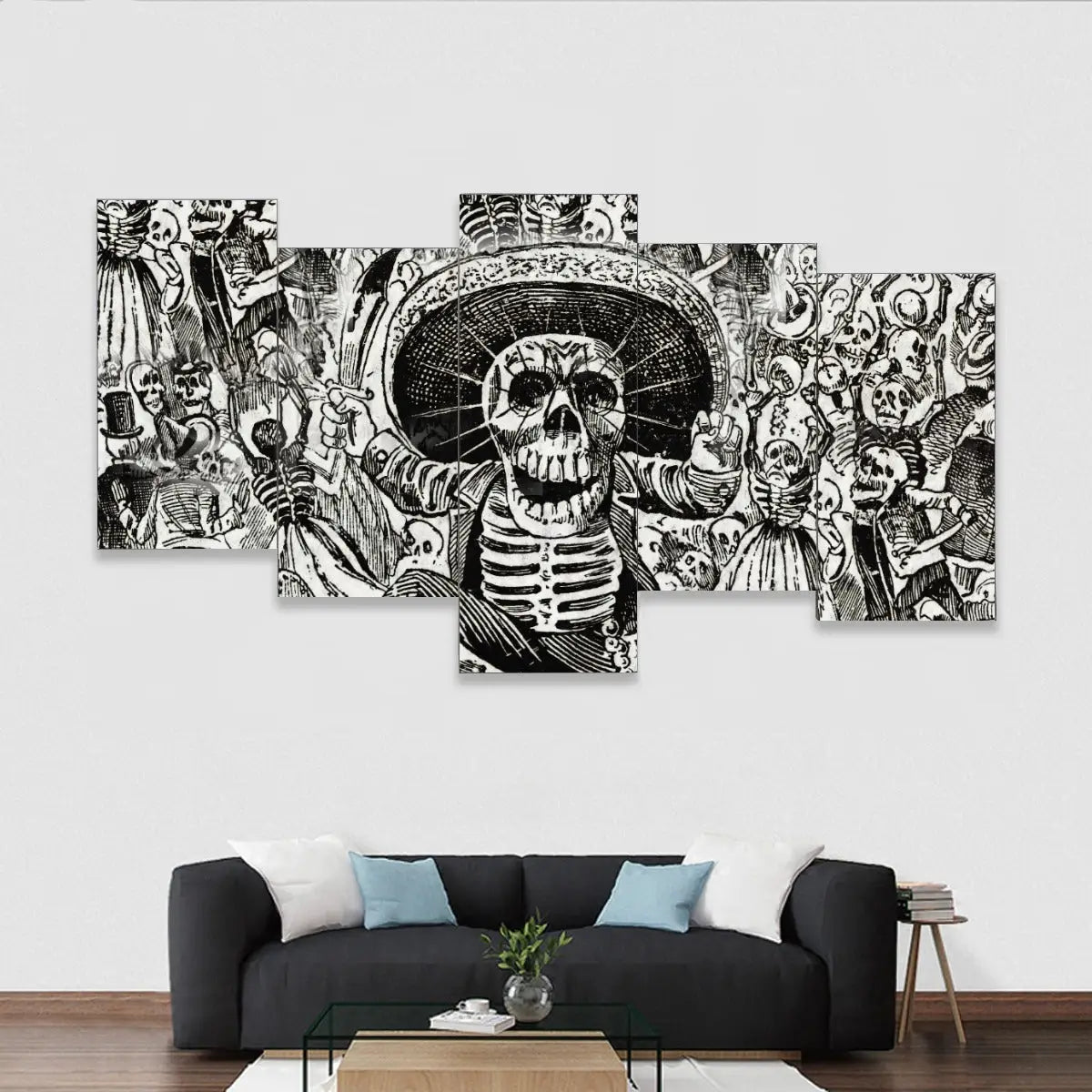 Calaveras Five-Piece Canvas Set displaying Jose Posada's Mexican folk art skeleton designs in black and white