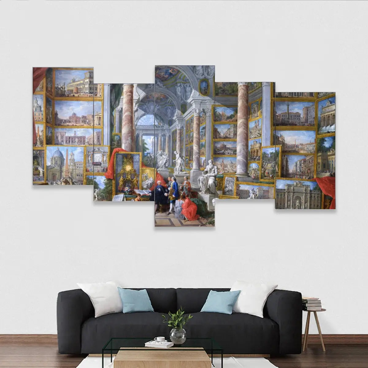 Modern Rome Five-Piece Canvas Mural showing Panini's 1757 masterpiece with Roman landmarks in museum-quality print