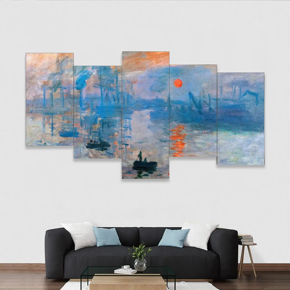 Monet Impression Sunrise 5-piece canvas set displayed in living room with morning light