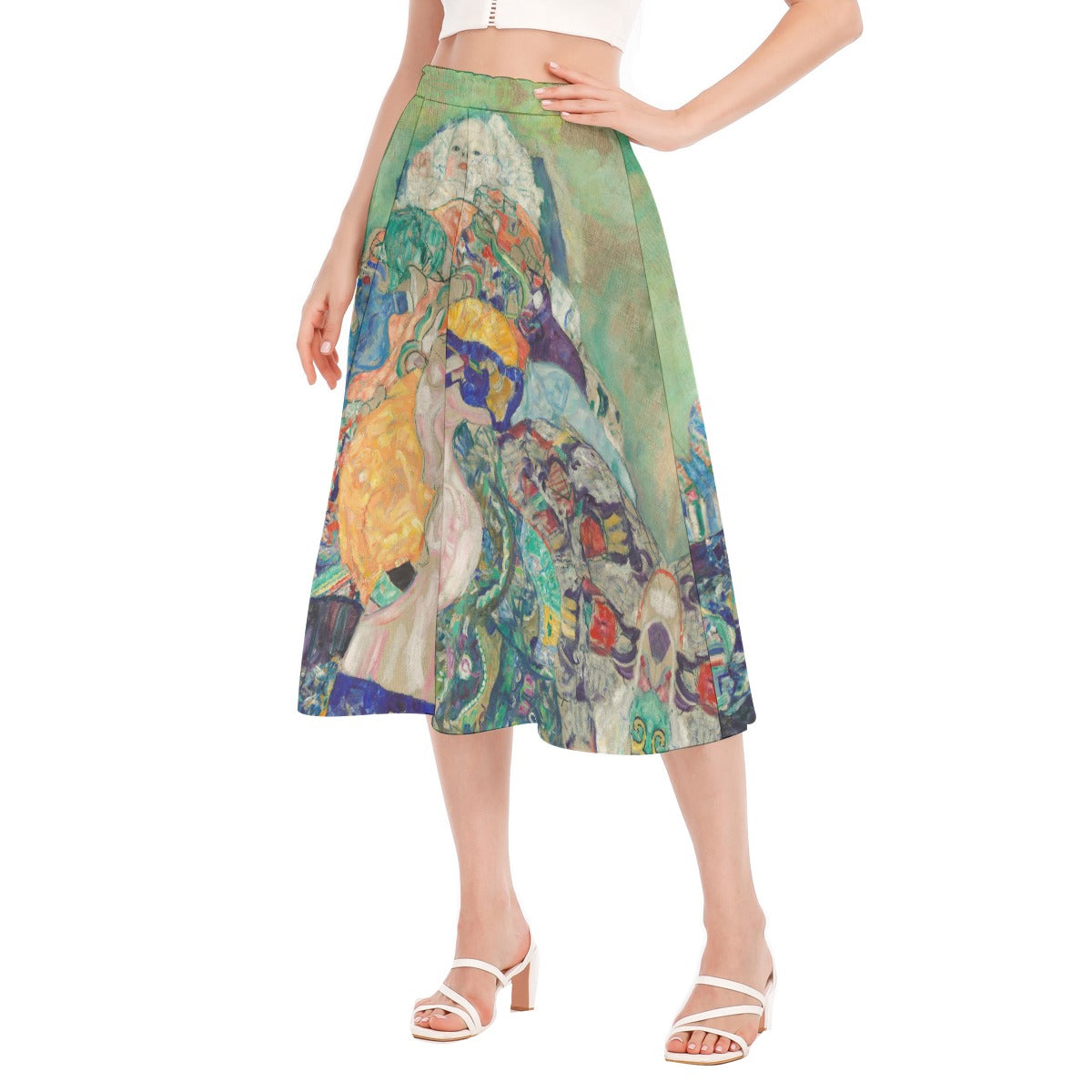 Close-up of high-resolution digital print on chiffon skirt