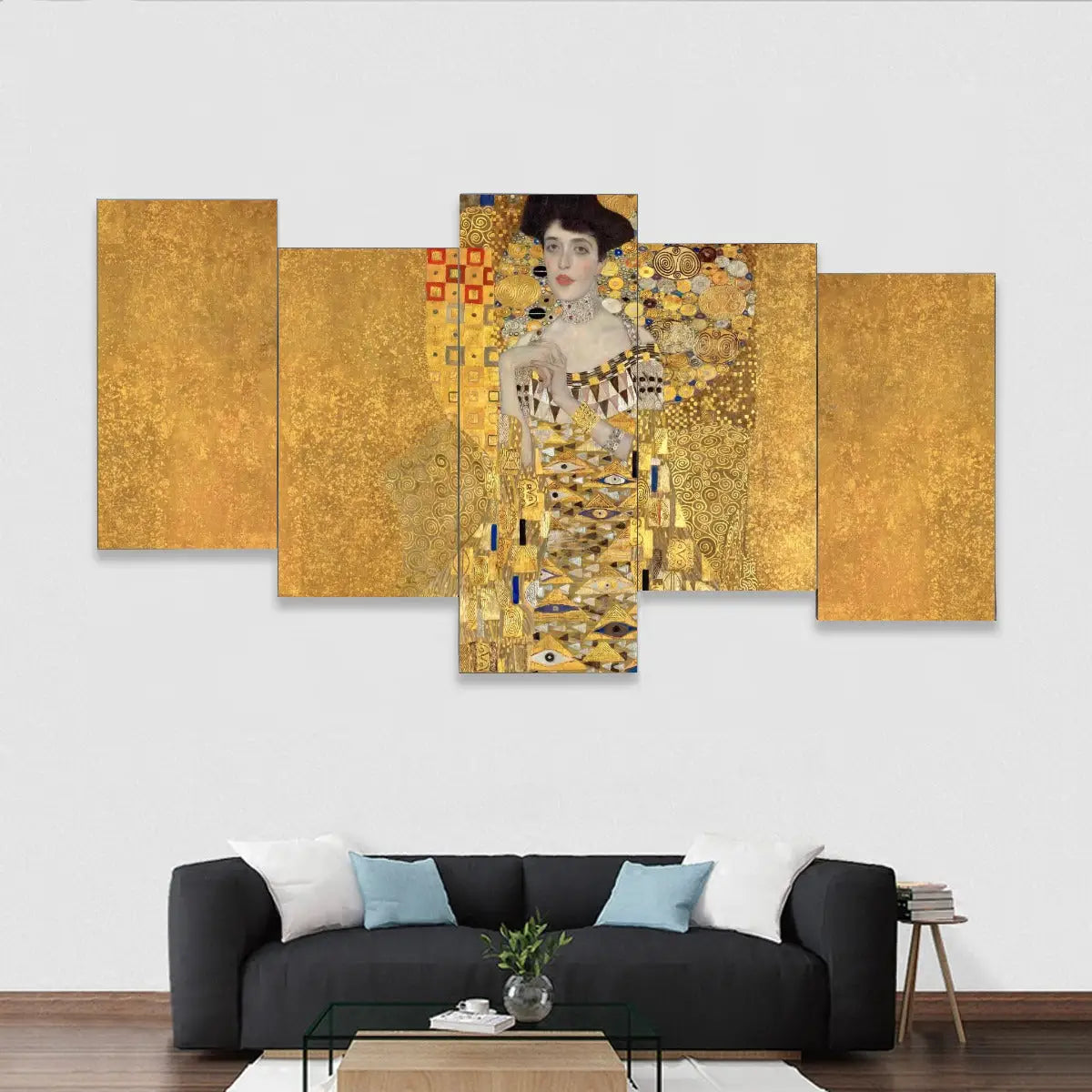 The Woman in Gold 5-piece canvas set showing Klimt's golden portrait reproduction