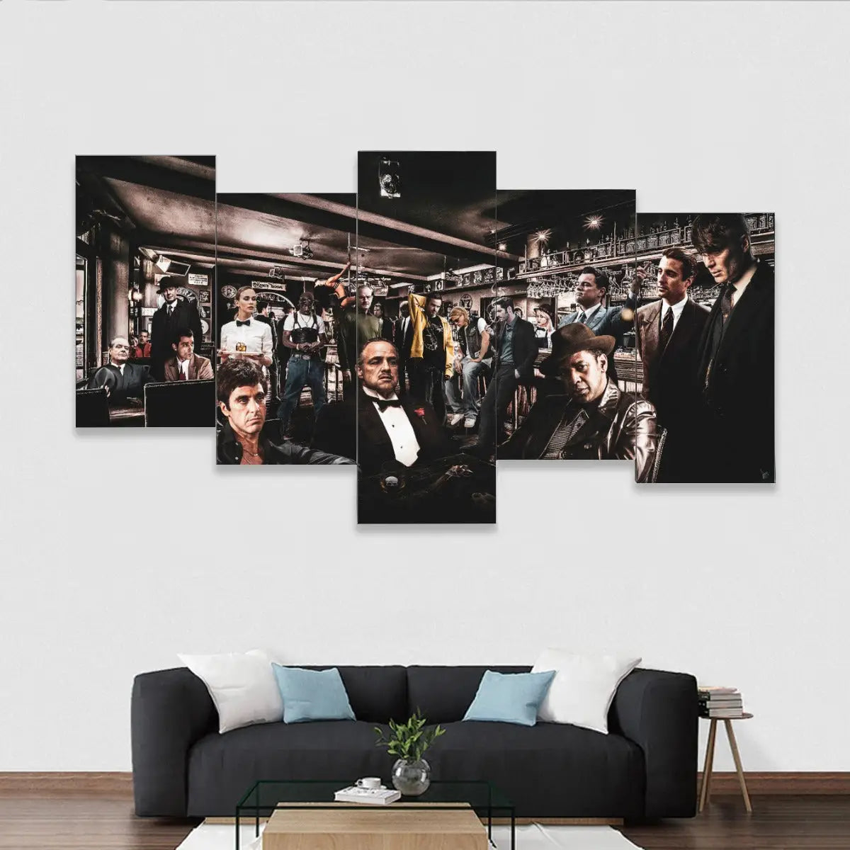 5-piece movie character canvas wall art featuring iconic film legends in pub setting