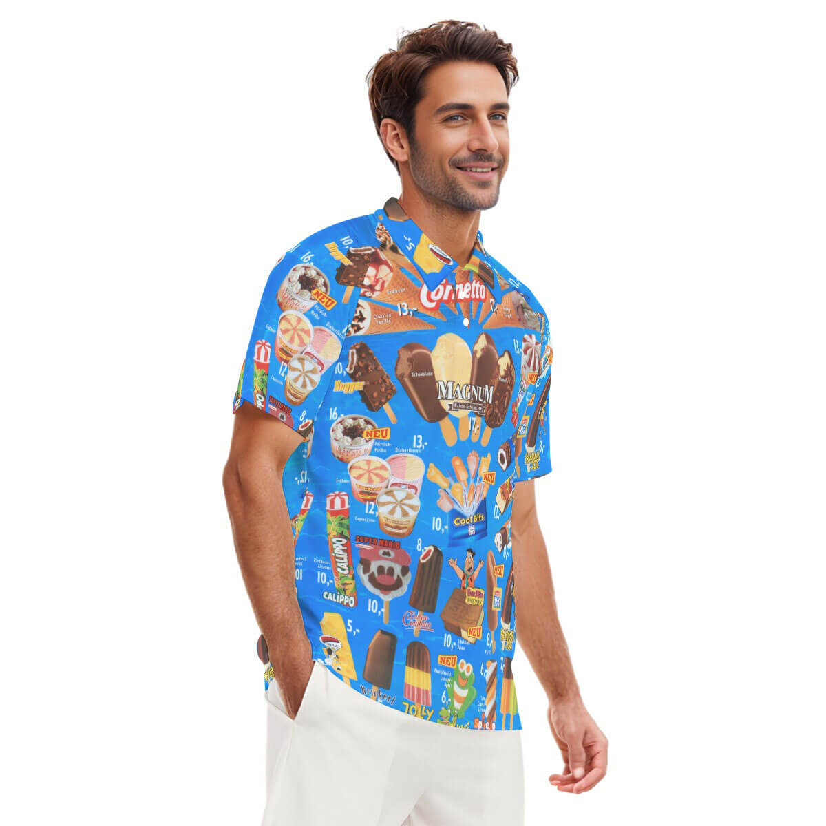 Bright and colorful retro aloha shirt with ice cream motifs for summer fashion