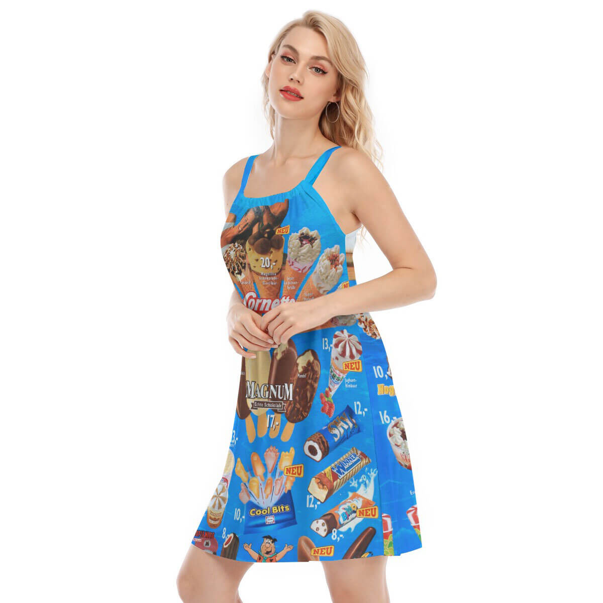 A vibrant sleeveless cami dress with a colorful ice cream print.