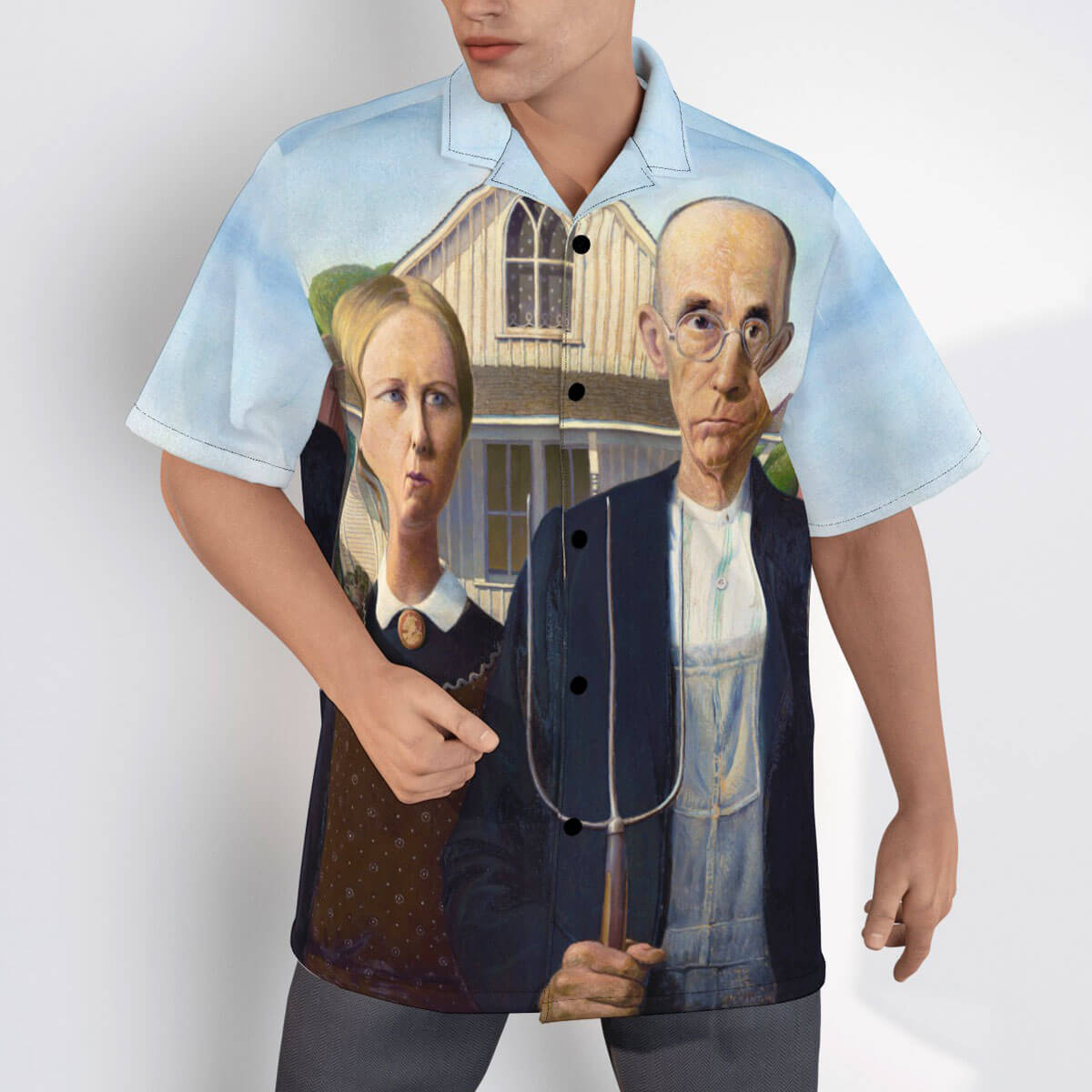 Back view of Grant Wood's painting on aloha shirt