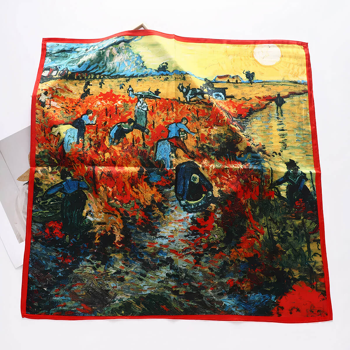 The Starry Night silk scarf flowing in breeze, showing fabric quality