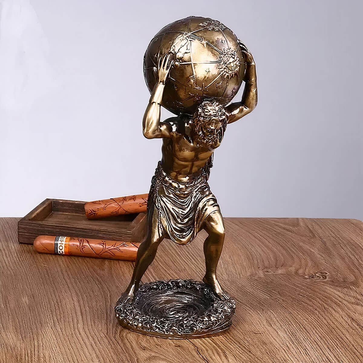 Atlas statue with Fibonacci world sphere, luxury mythological home decor