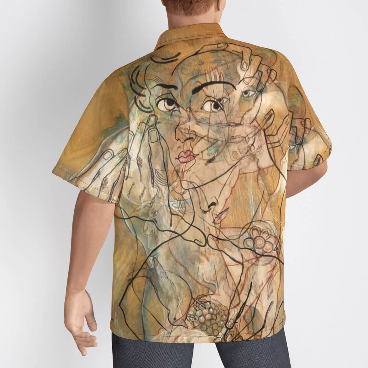 Full-length view of model in Dadaist Hawaiian shirt