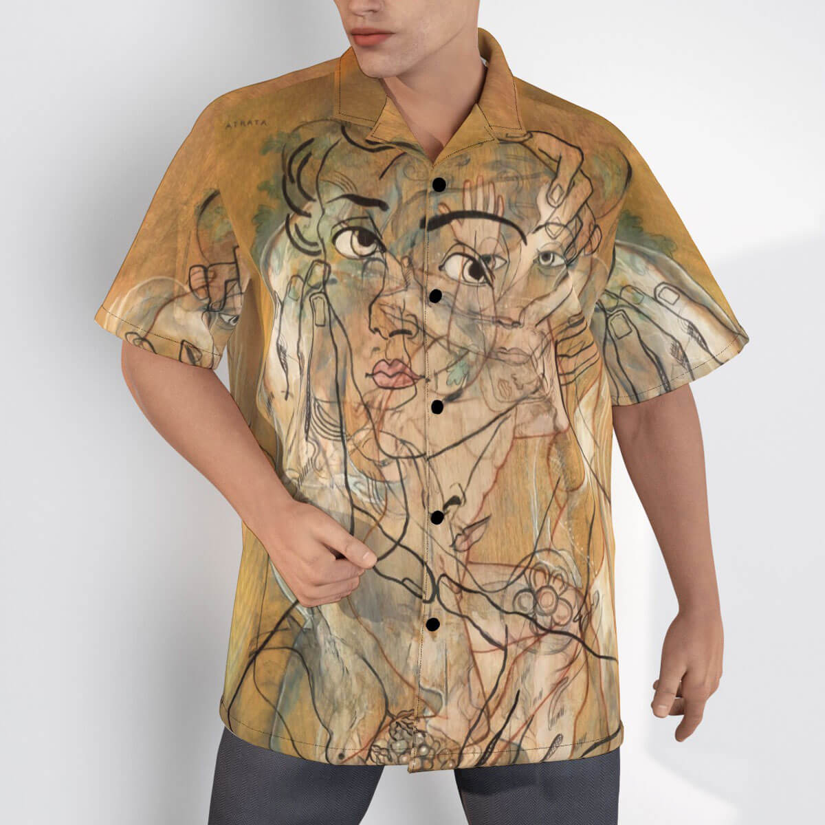 Man wearing Picabia's Atrata art Hawaiian shirt