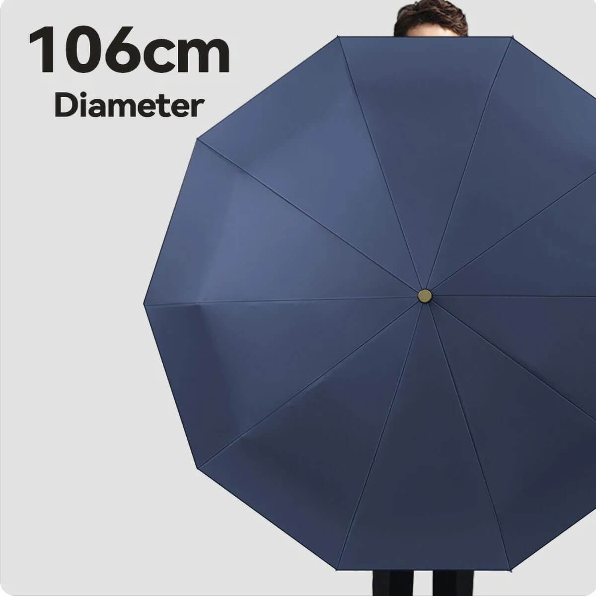 Navy blue windproof umbrella withstanding strong gusts, demonstrating durability