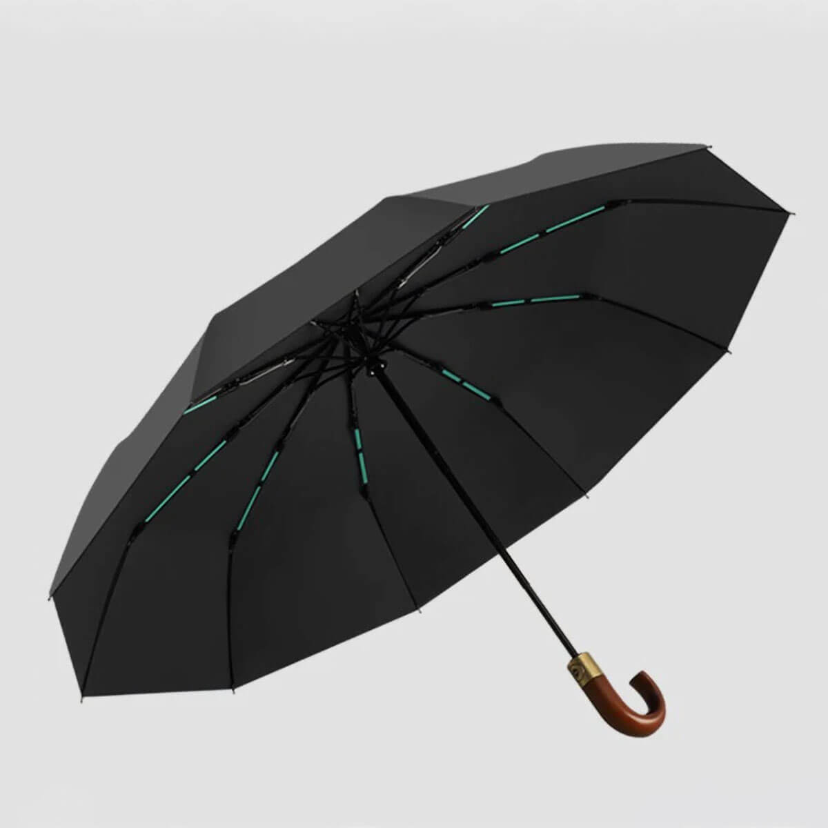 Elegant wooden handle of luxury folding umbrella, showing craftsmanship