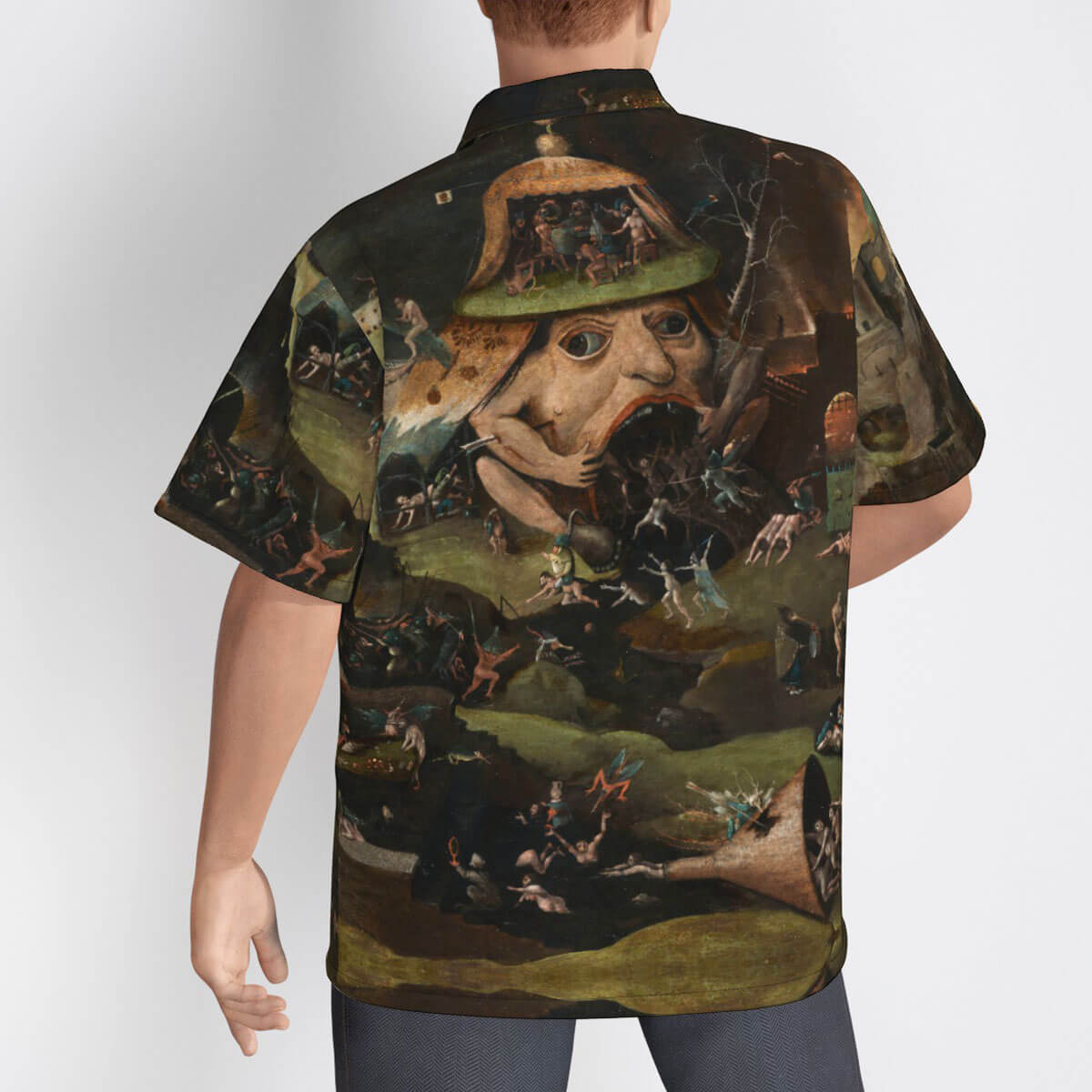 Renaissance art lover modeling Bosch aloha shirt