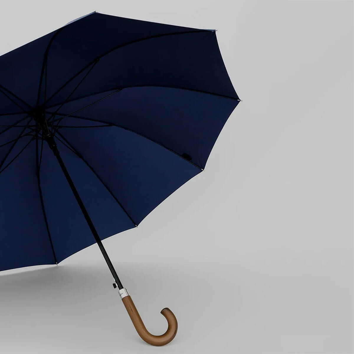 Rainy street scene with pedestrian using large navy blue umbrella