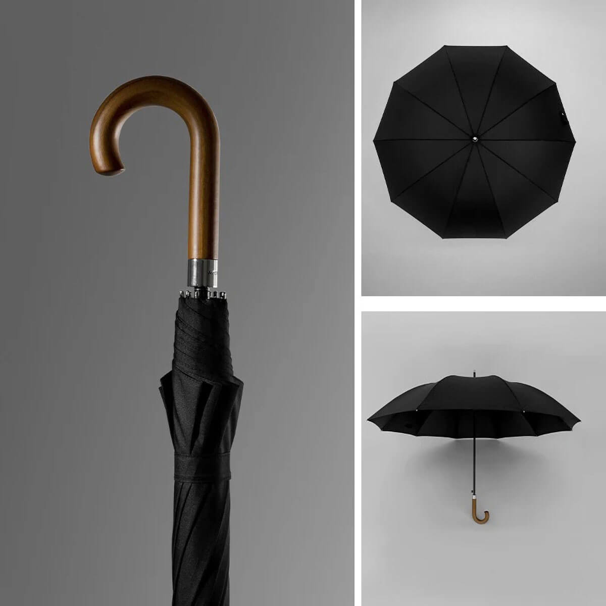 Black giant umbrella protecting family of three from rain