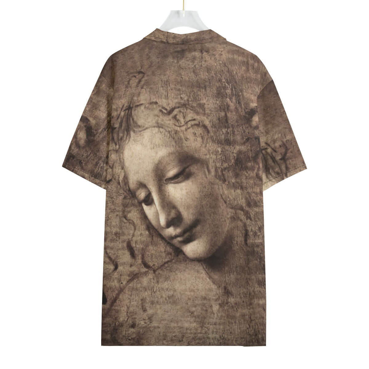 Close-up of da Vinci's Head of a Woman sketch on premium fabric shirt