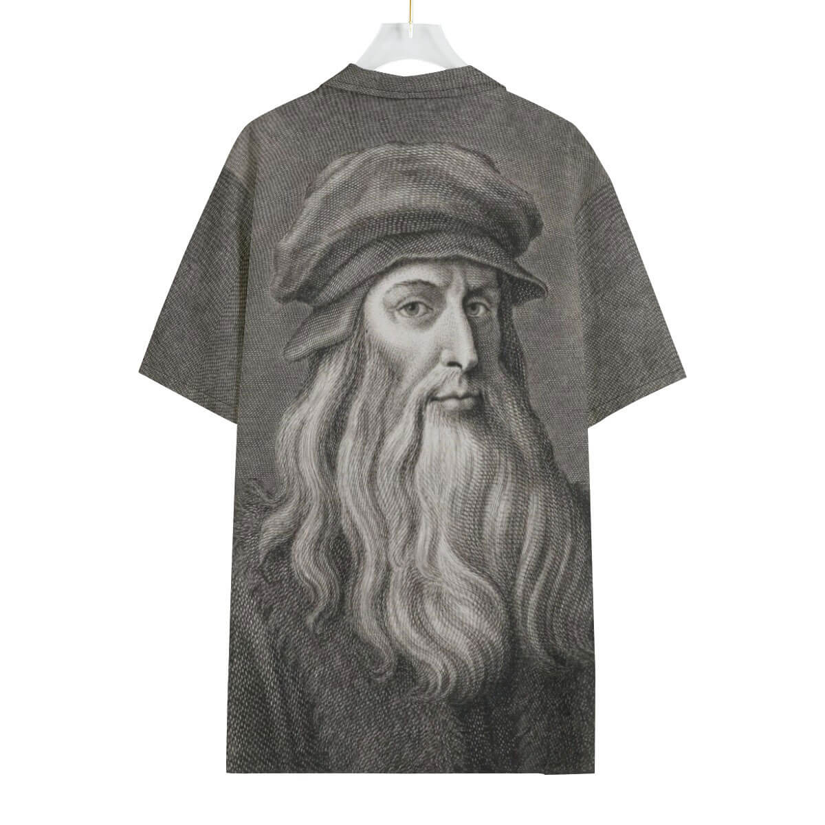 Close-up of Da Vinci's Vitruvian Man print on artistic Hawaiian shirt fabric