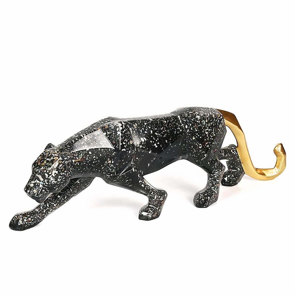 Sleek leopard statue with contrasting gold tail - 14x44x6cm luxury sculpture