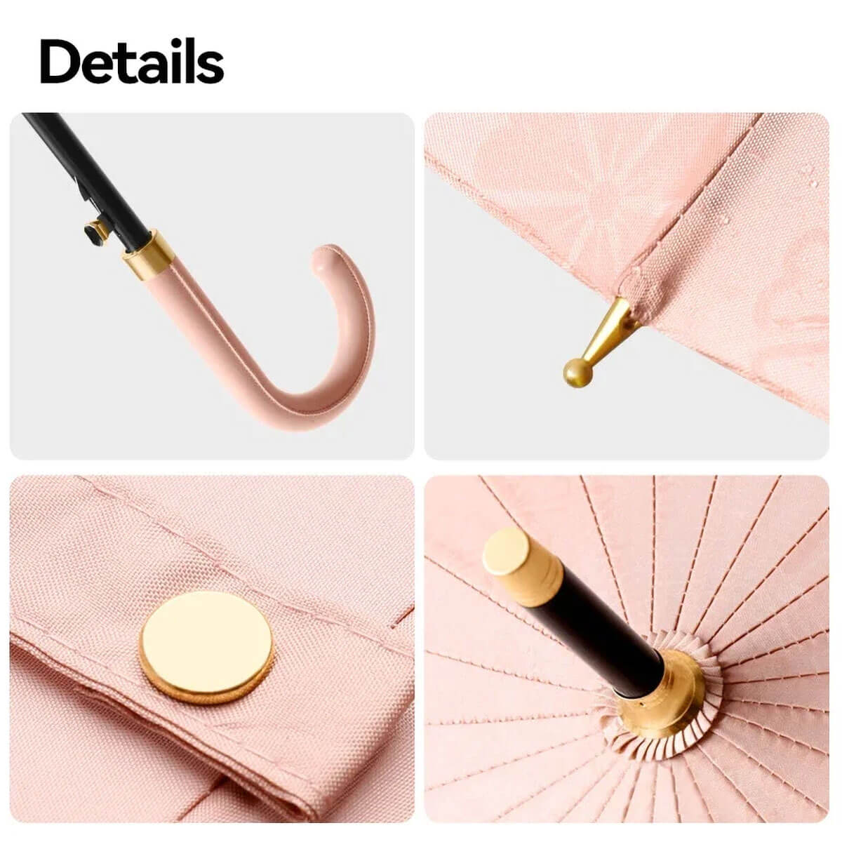 Pink luxury umbrella for women closed to showcase sleek design and leather strap