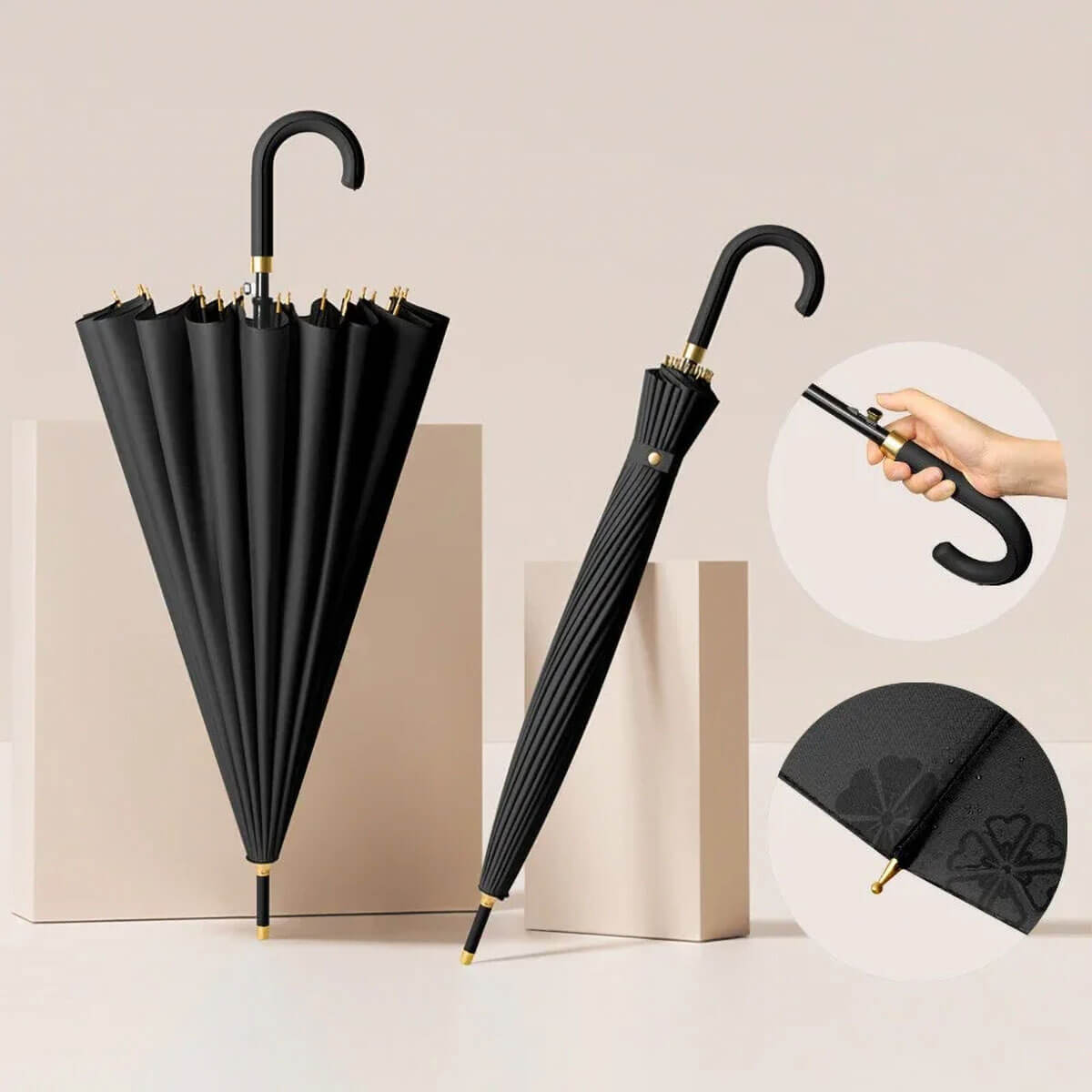 Black Luxury umbrellas for women in various stages of opening to show mechanism