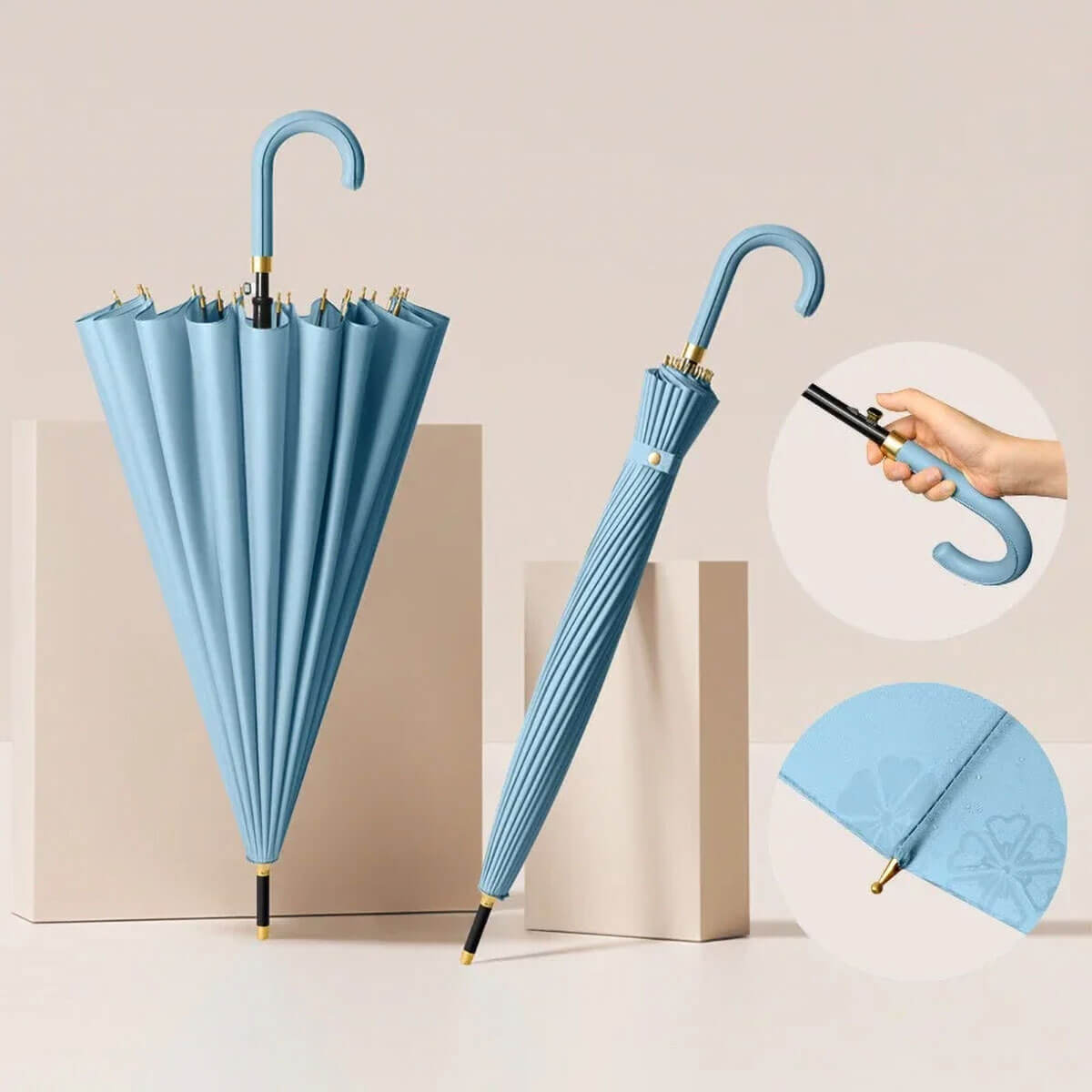 Blue luxury umbrella with leather handle displayed in high-end boutique setting