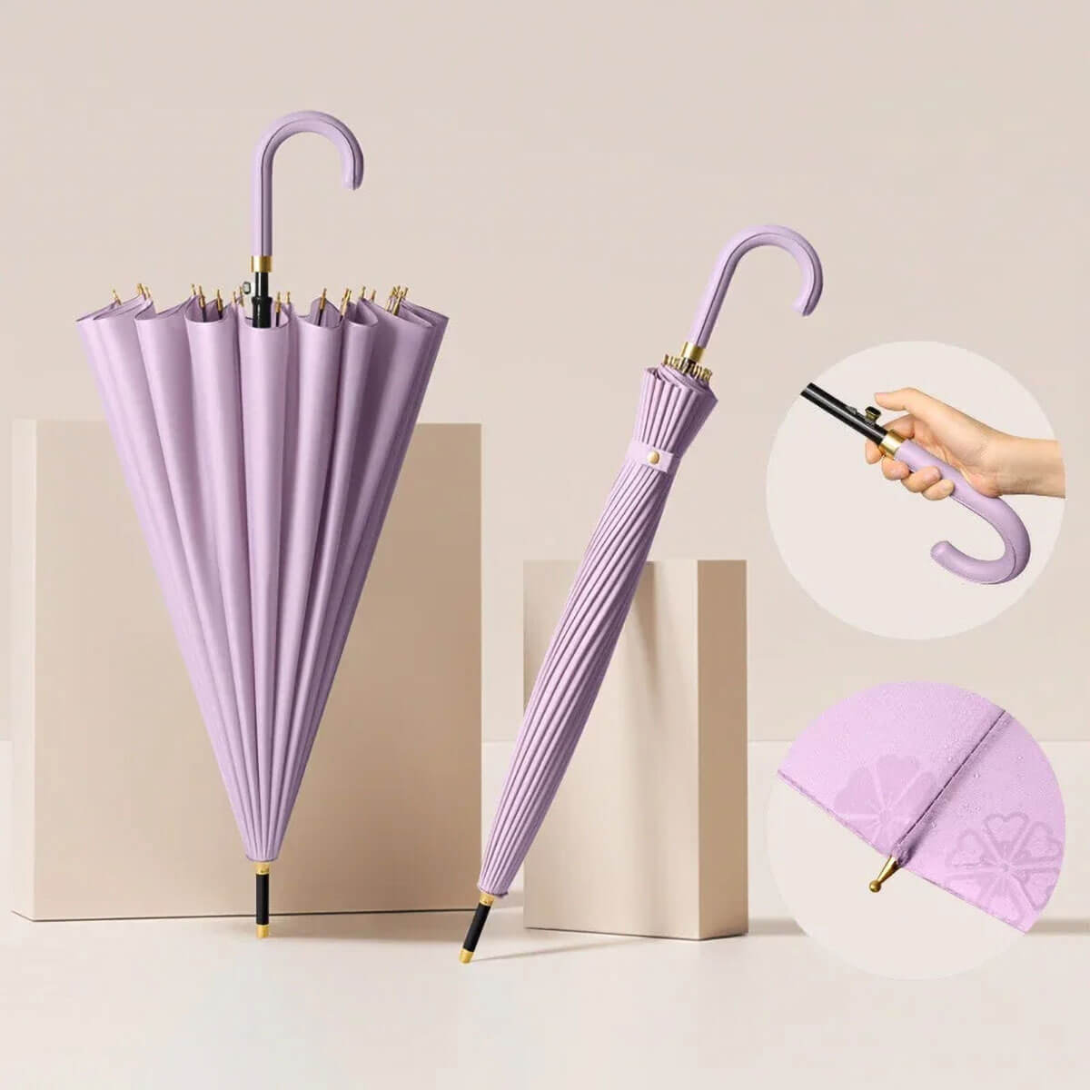 Purple luxury umbrella for ladies open on beach to demonstrate sun protection use