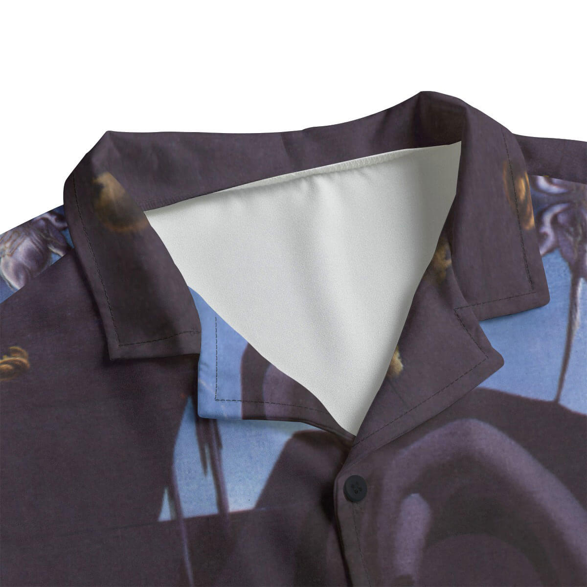 Detail of melting clock pattern on collar of Dali surrealist Hawaiian shirt