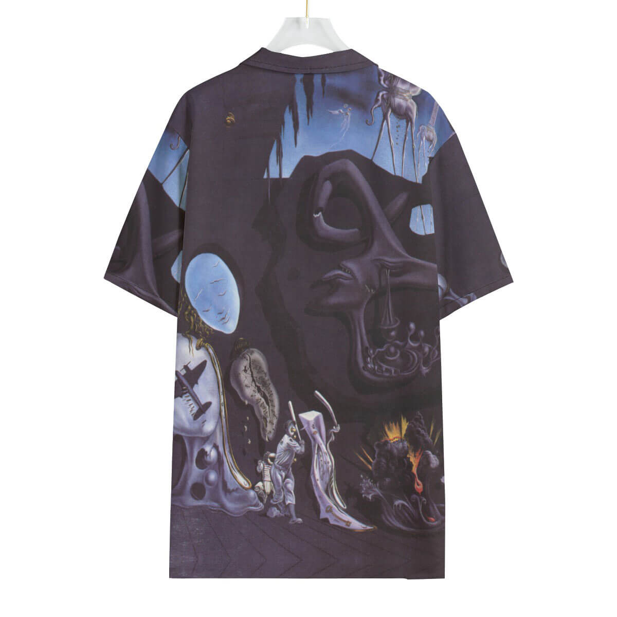 Close-up of surrealist atomic imagery on Dali-inspired Hawaiian shirt