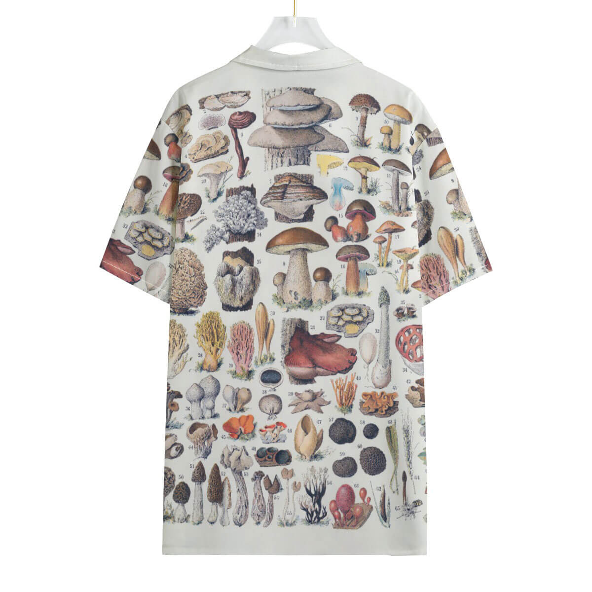 Close-up of colorful mushroom illustrations on botanical print Hawaiian shirt