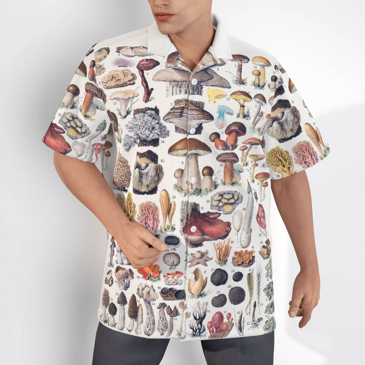 Back view of Mushroom Types Hawaiian Shirt displaying full array of fungi species