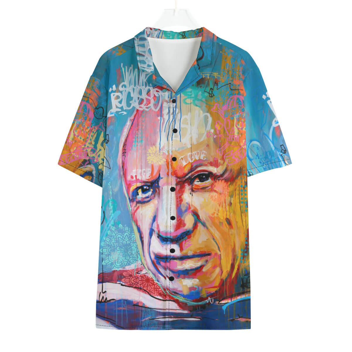 Pablo Picasso Cubist portrait Hawaiian shirt on model