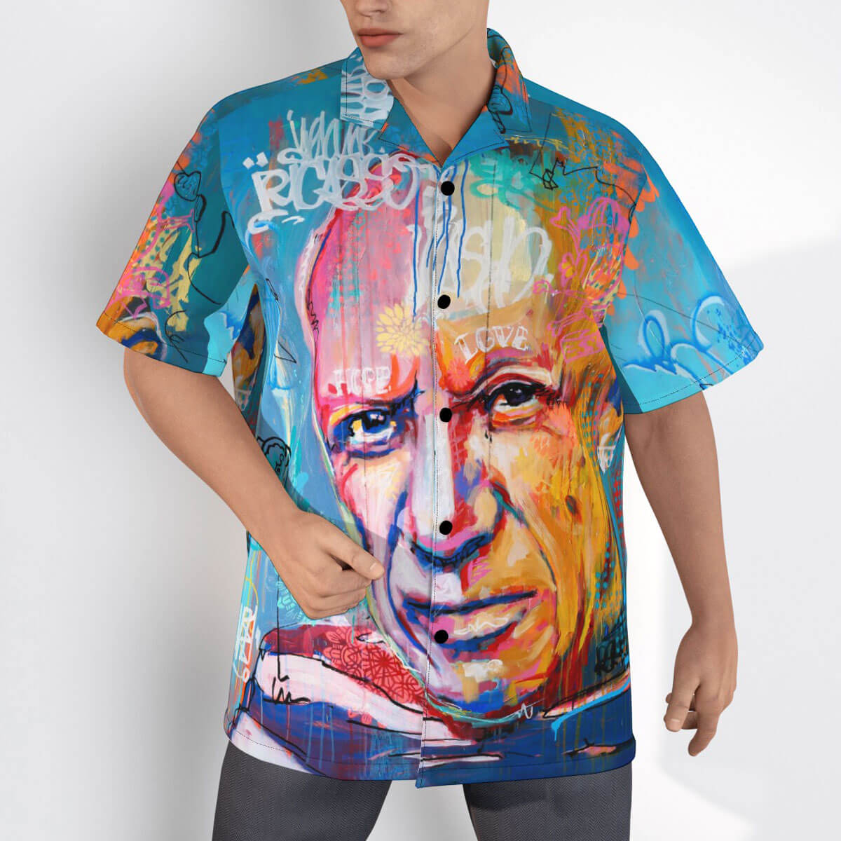 Detail of abstract Picasso portrait on tropical button-up shirt