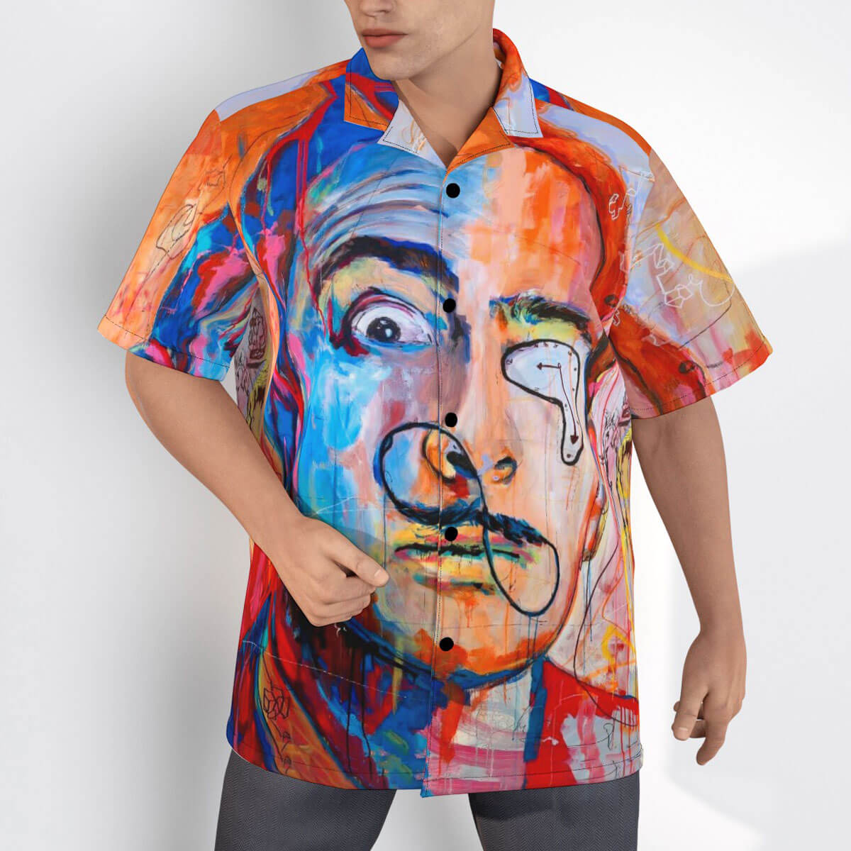 Detail of surrealist elements in Dali shirt design