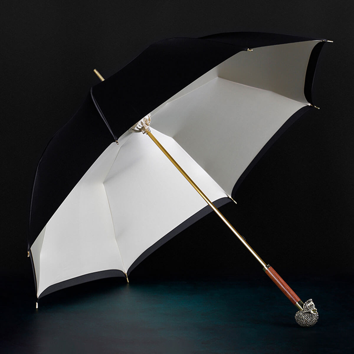 Luxury umbrella with diamond skull in car, emphasizing portability and style