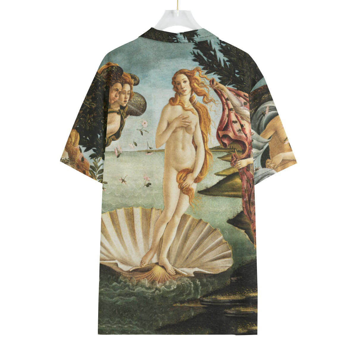 Full-length view of model in Renaissance art Hawaiian shirt