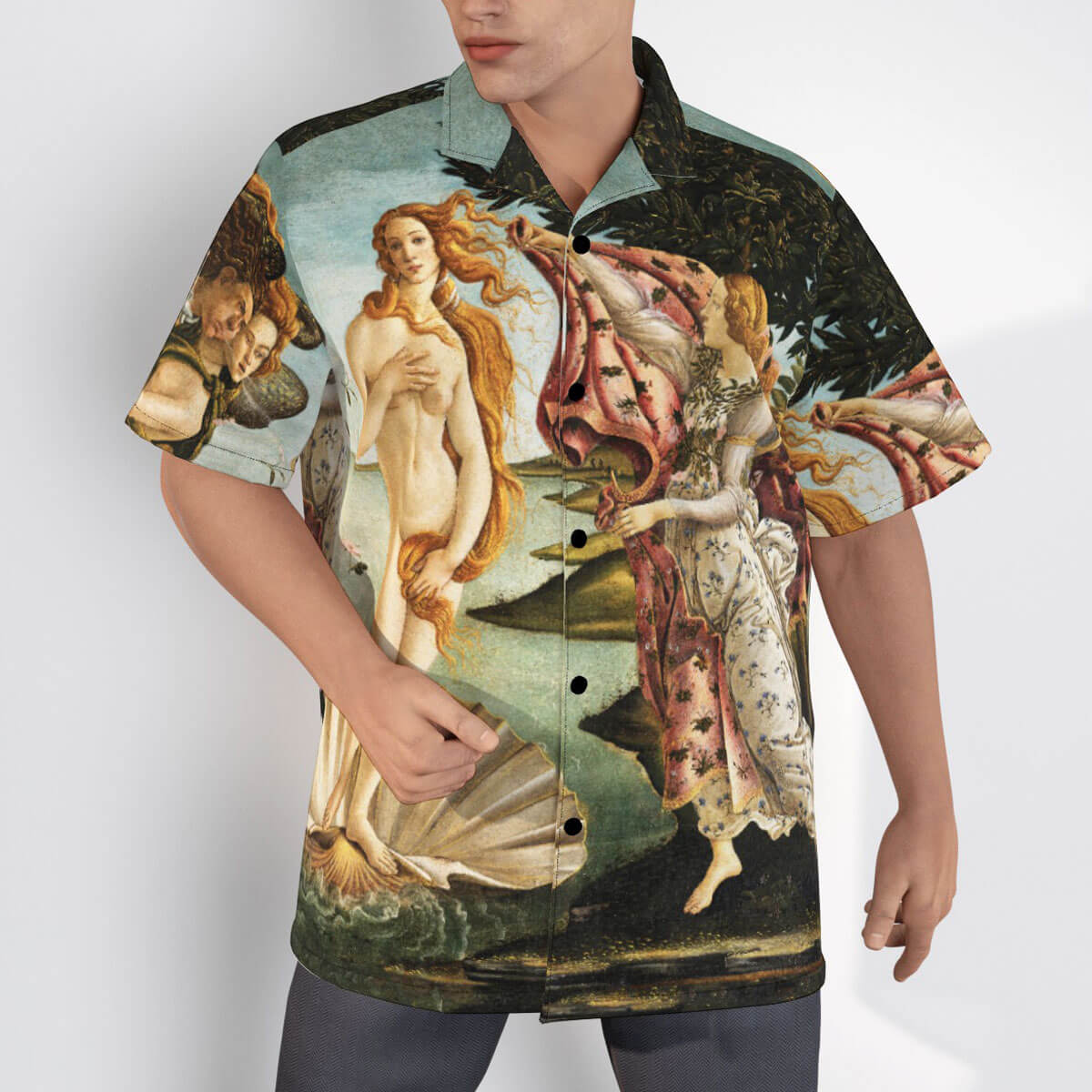 Detail of flowing hair on Botticelli Hawaiian shirt