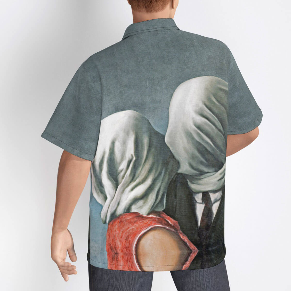 Back view of René Magritte surrealist Hawaiian shirt