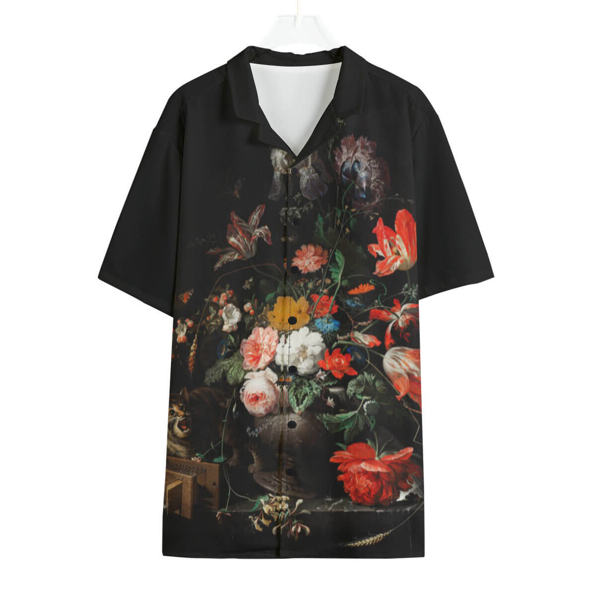 The Overturned Bouquet by Abraham Mignon Shirt worn by model in art gallery